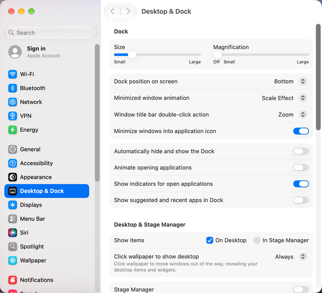 Desktop & Dock settings in macOS 27 Golden Gate