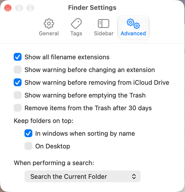Finder Settings Advanced tab in macOS 27 Golden Gate