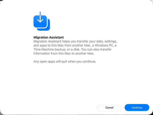 Migration Assistant's first window in macOS 27 Golden Gate