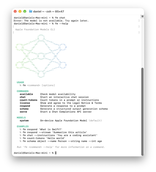 The fm --help output listing the Apple Foundation Models CLI commands