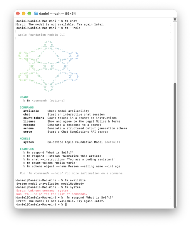 The fm command reporting the on-device model is not ready yet on a fresh macOS 27 install