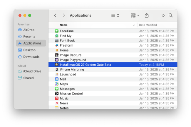 The Install macOS Beta app in the Applications folder