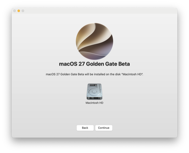 Choosing the Macintosh HD disk to install macOS Beta