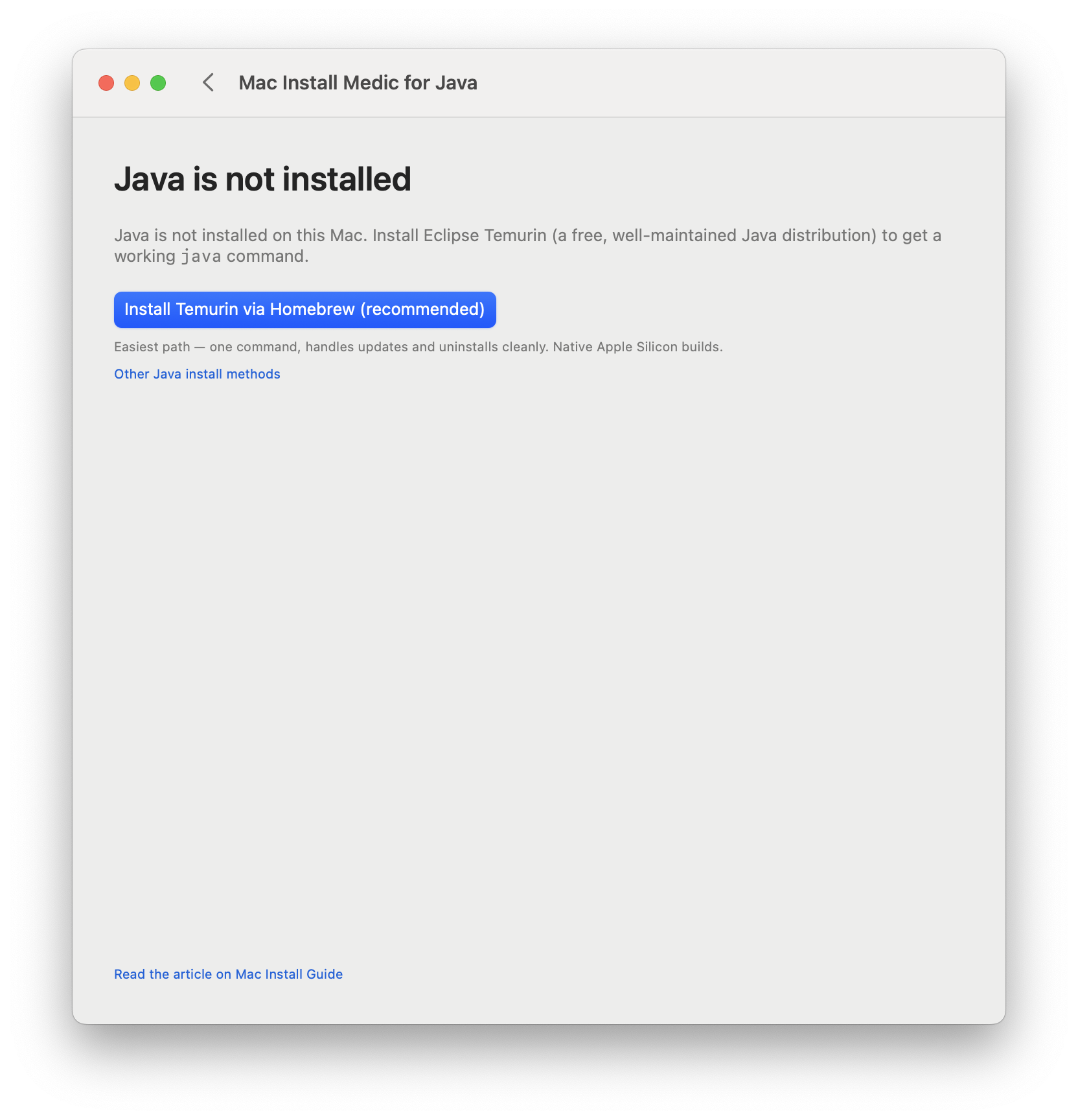 The app's diagnosis screen explains what is missing and why. Mac Install Medic for Java diagnosis screen showing 'No JDK installed' result.